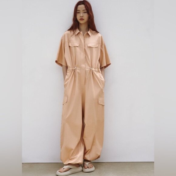 NWT ZARA Shirt-Style CARGO Full Length Oversized Jumpsuit COTTON 7901/216 Sz M&L